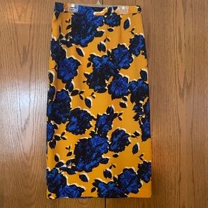 New floral midi skirt- mustard yellow, royal blue, black and white
